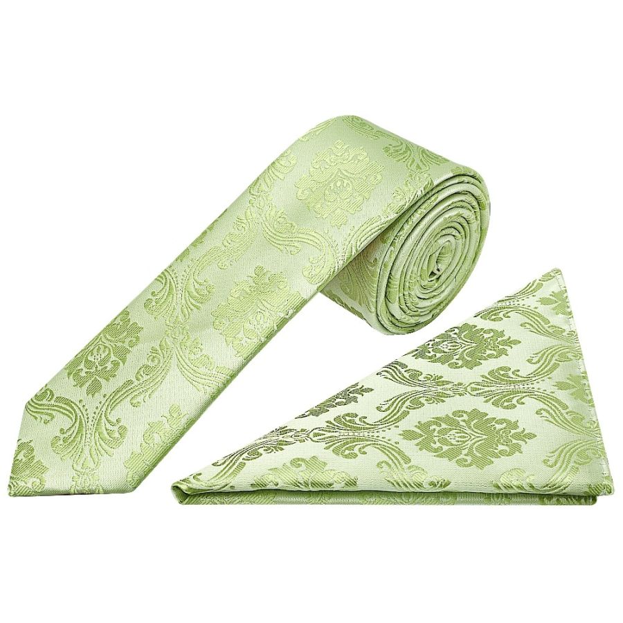 Sage Green Paisley Skinny Men's Tie and Pocket Square Set