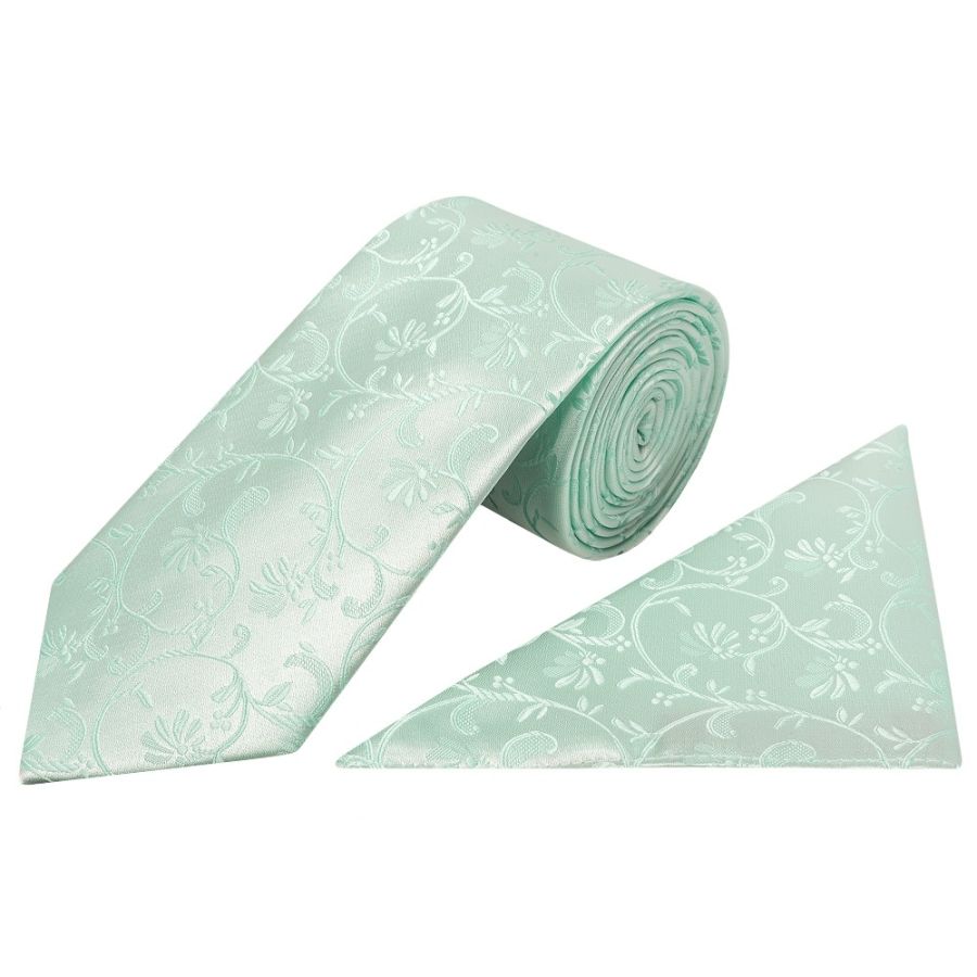 Mint Green Floral Classic Men's Tie and Pocket Square Set