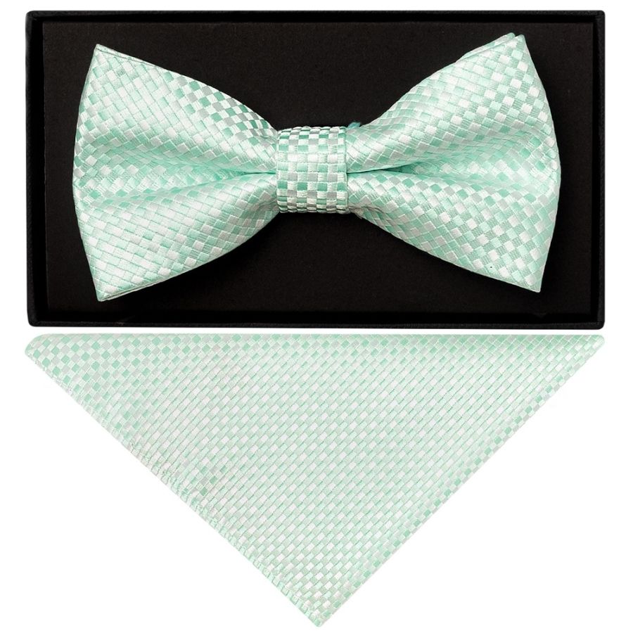 Mint Green Diamond Neat Mens Bow Tie and Pocket Square Set