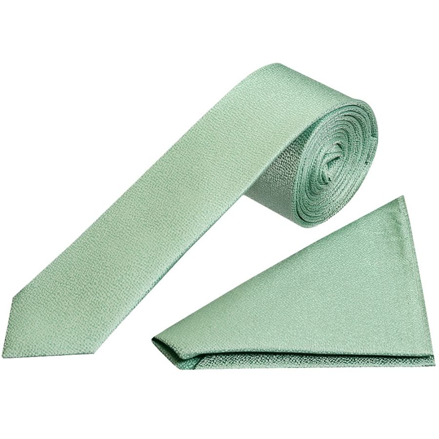 Plain Green Textured Silk Skinny Men's Tie and Pocket Square Set