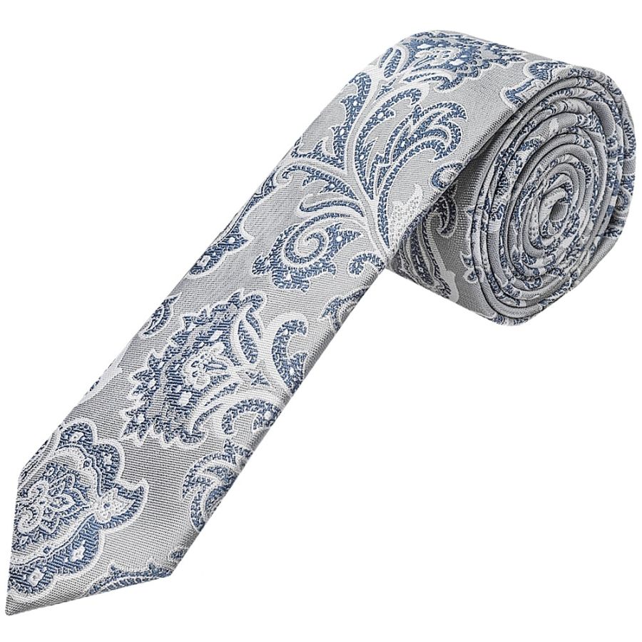 Silver and Blue Paisley Skinny Men's Tie