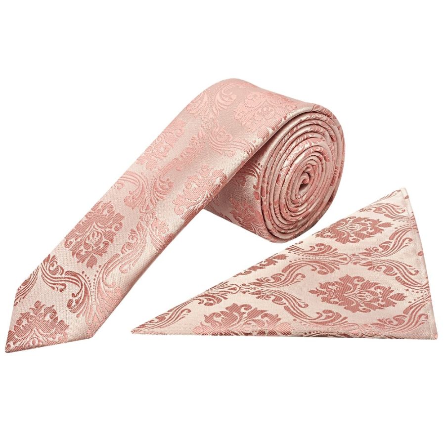 Rose Gold Paisley Skinny Boys Tie and Pocket Square Set