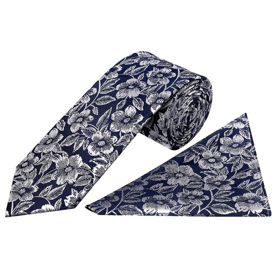 Mens Navy Floral Silk Classic Tie and Pocket Square
