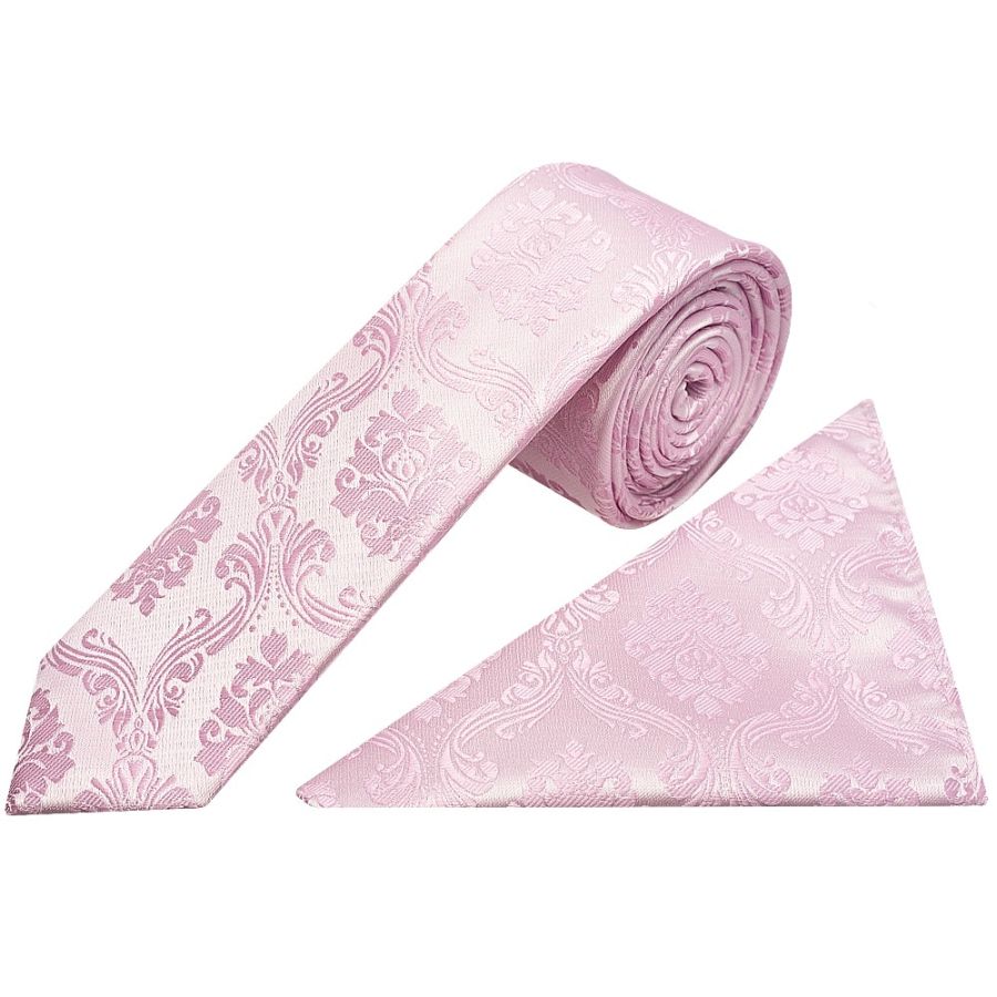 Light Dusty Pink Paisley Boys Skinny Tie and Pocket Square Set