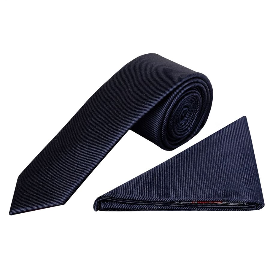 Navy Silk Twill Skinny Mens Tie and Pocket Square Set