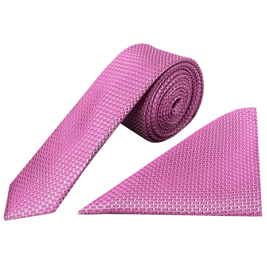 Hot Pink Textured Skinny Tie and Pocket Square Set