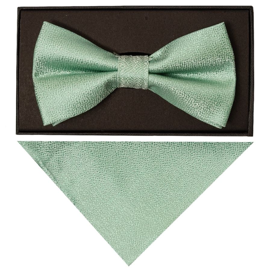 Plain Green Textured Silk Mens Bow Tie and Pocket Square Set