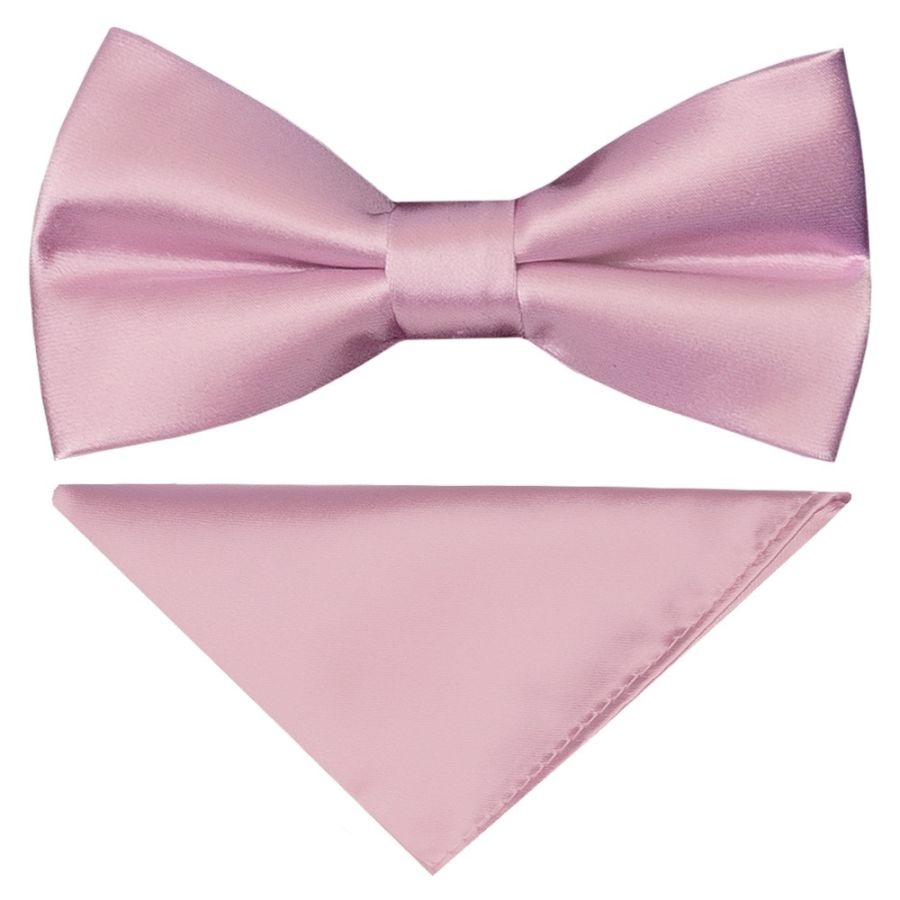 Pre Tied Light Dusty Pink Satin Boys Bow Tie and Pocket Square Age 4-7