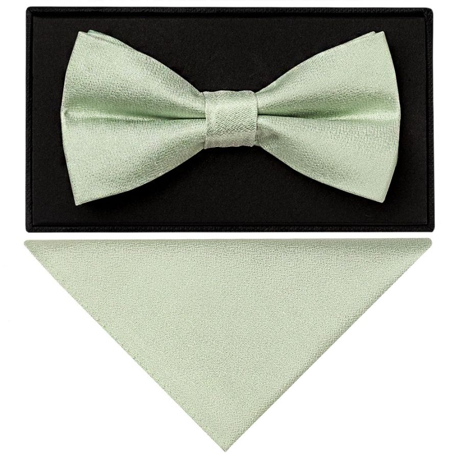 Plain Light Sage Green Silk Mens Bow Tie and Pocket Square Set