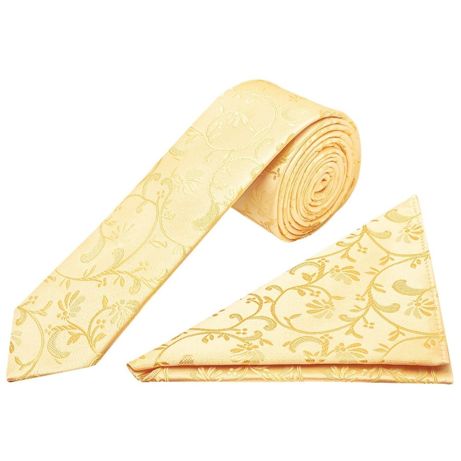 Gold Floral Skinny Boys Tie and Pocket Square Set