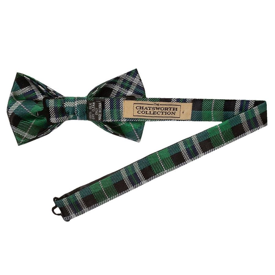 Green and White Tartan Silk Mens Bow Tie
