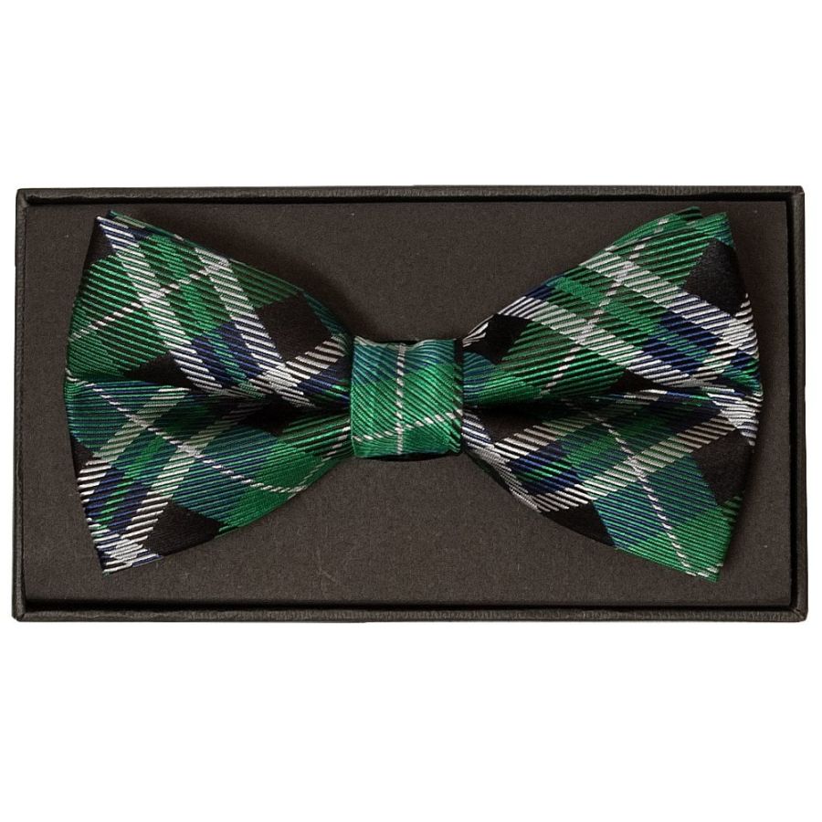 Green and White Tartan Silk Mens Bow Tie