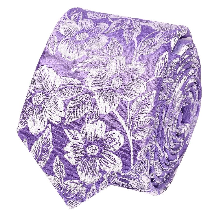 Mens Lilac Floral Silk Skinny Tie and Pocket Square