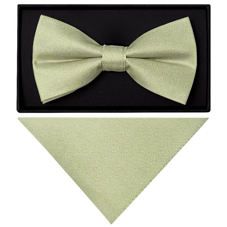 Plain Sage Green Silk Mens Bow Tie and Pocket Square Set