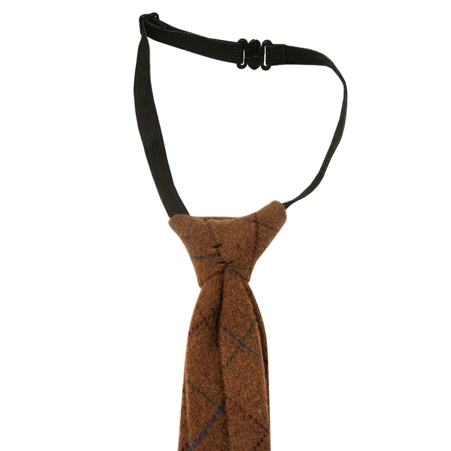 Pre Tied Light Brown Large Check Tweed Boys Tie Age 4-7