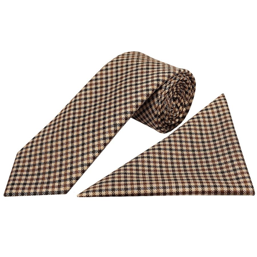 Mens Brown Gingham Classic Tie and Pocket Square Set