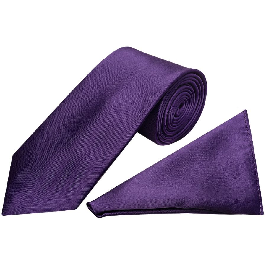 Plain Purple Satin Classic Men's Tie and Pocket Square Set