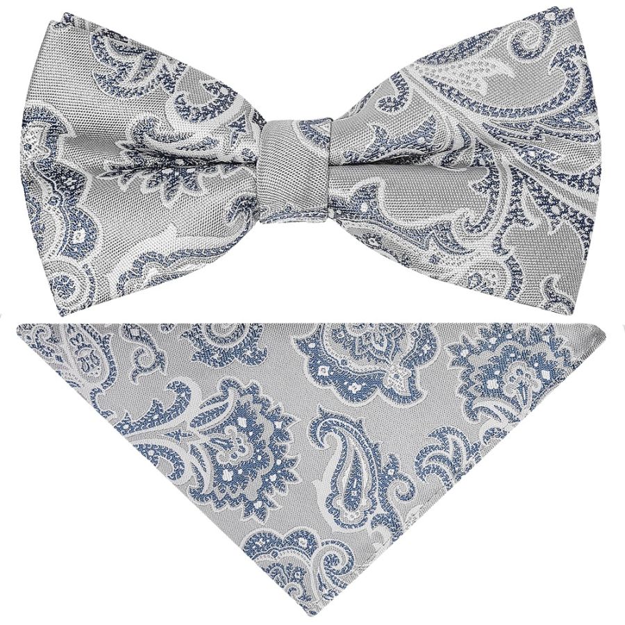 Pre Tied Silver and Blue Paisley Boys Bow Tie and Pocket Square Set