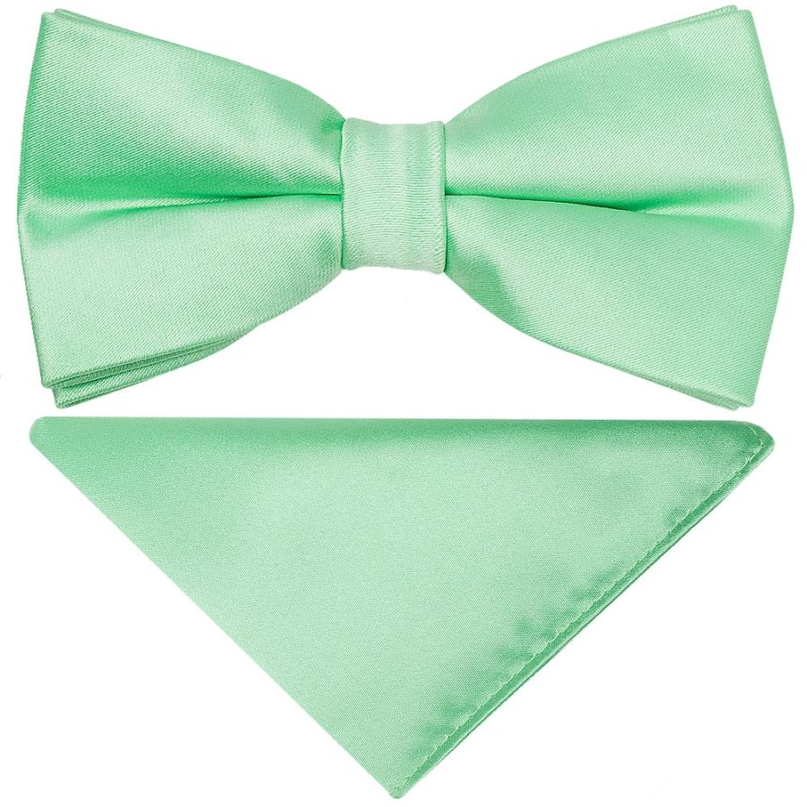 Pre Tied Plain Seafoam Green Satin Boys Bow Tie and Pocket Square Set Age 8-11
