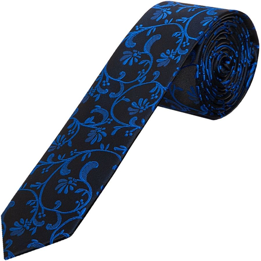 Black with Royal Blue Floral Skinny Boys Tie