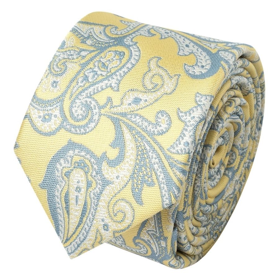 Yellow and Blue Paisley Skinny Mens Tie and Pocket Square Set