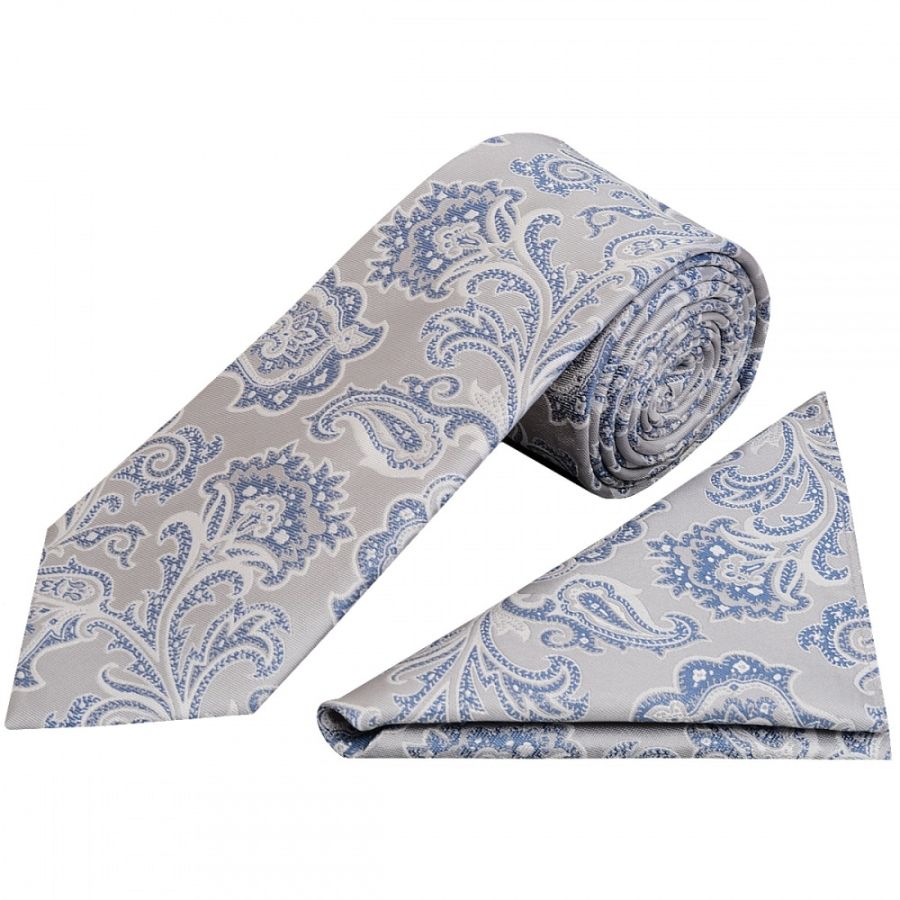 Silver and Blue Paisley Classic Men's Tie and Pocket Square Set