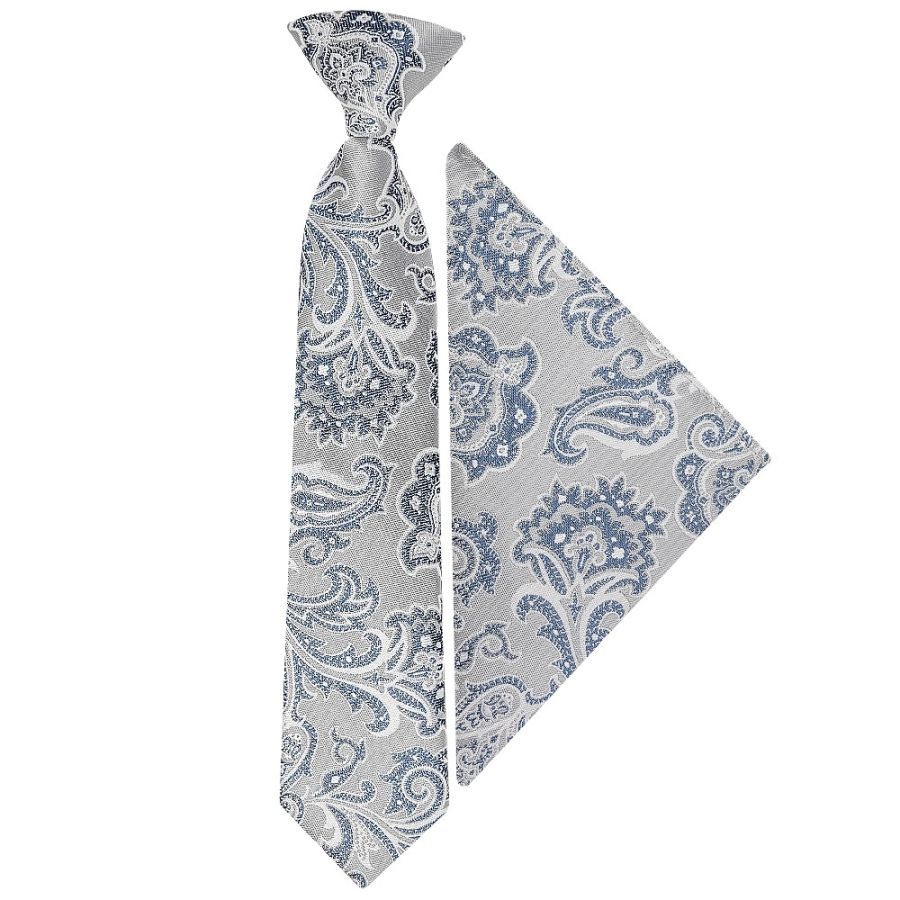 Pre Tied Silver and Blue Paisley Boys Tie and Pocket Square Set Age 4-7