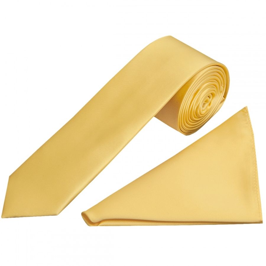 Plain Gold Satin Skinny Men's Tie and Pocket Square Set