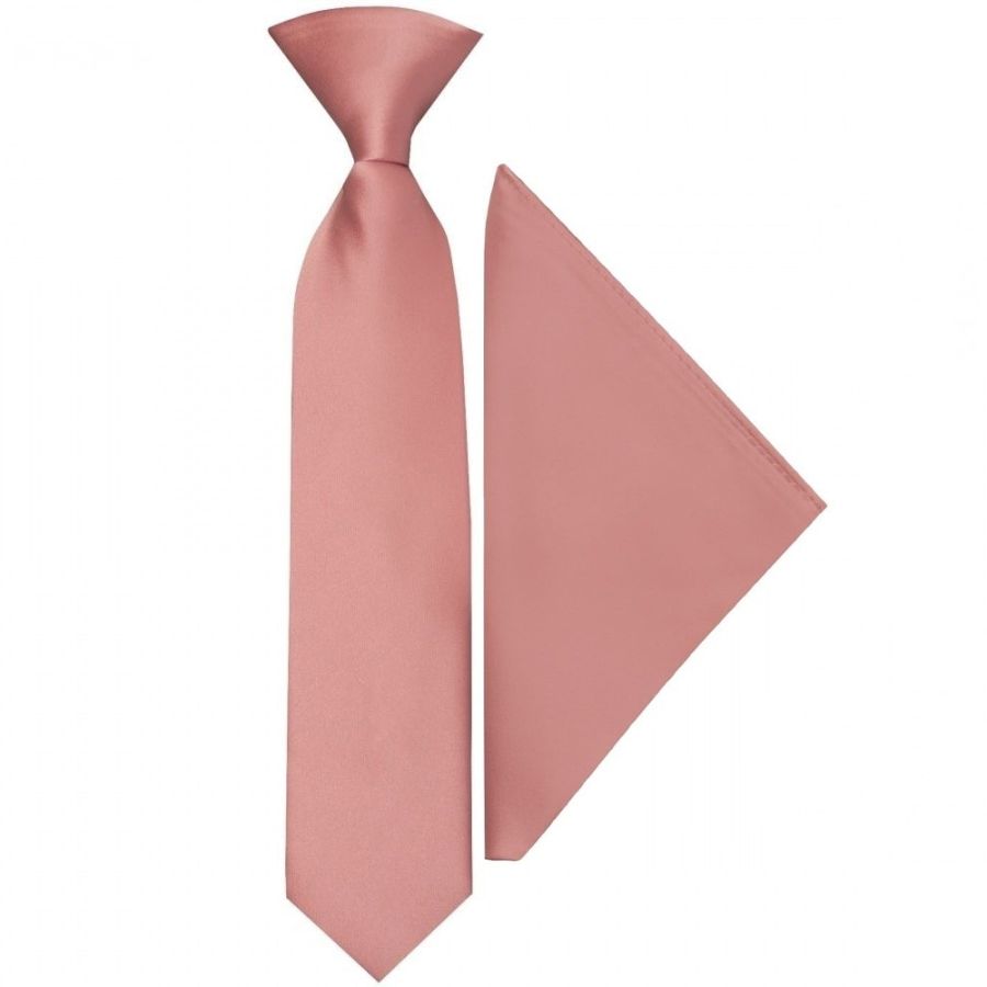 Pre Tied Plain Rose Gold Satin Boys Tie and Pocket Square Set Age 4-7