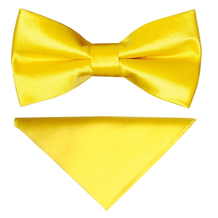 Pre Tied Sunshine Yellow Satin Boys Bow Tie and Pocket Square Set