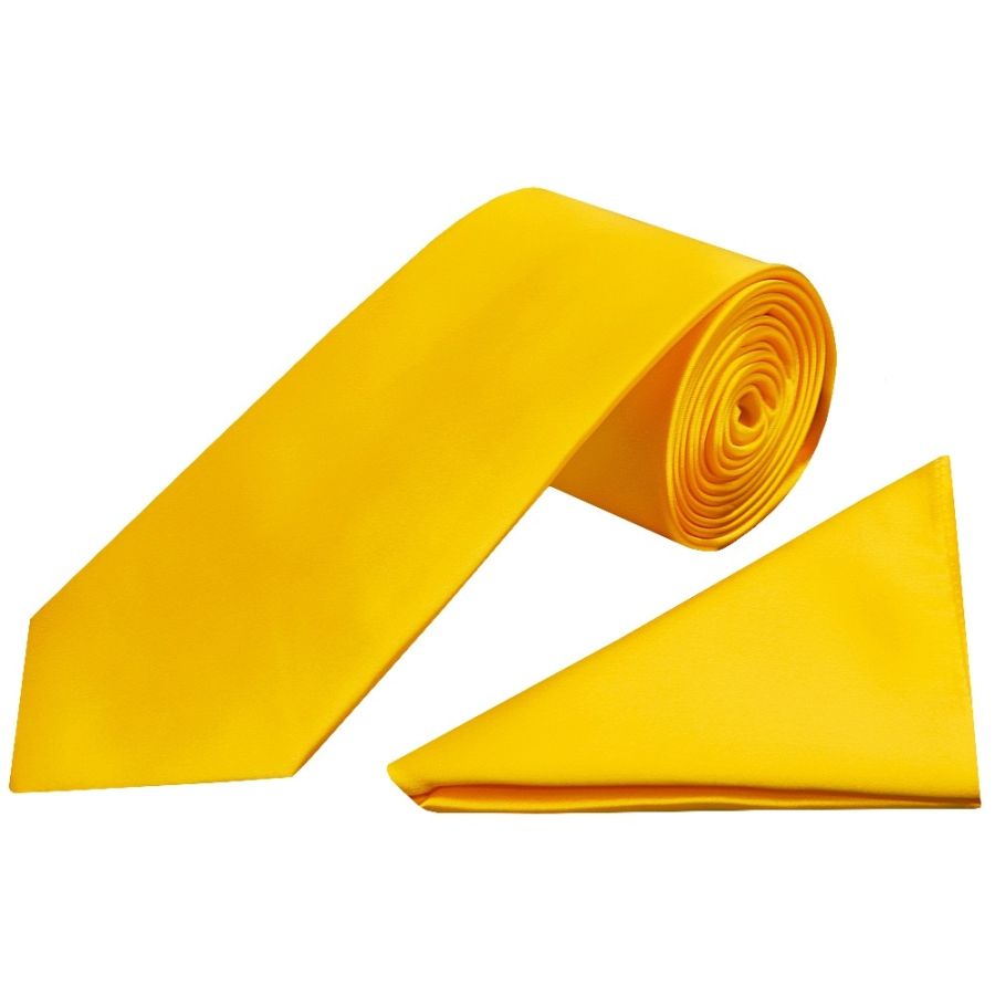 Plain Bright Yellow Satin Classic Men's Tie and Pocket Square Set