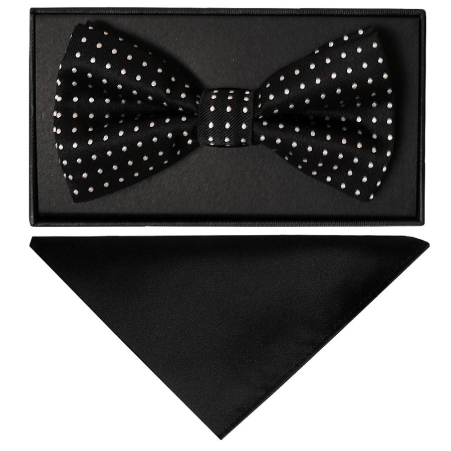 Hand Made Black And White Polka Dot Mens Bow Tie and Pocket Square Set