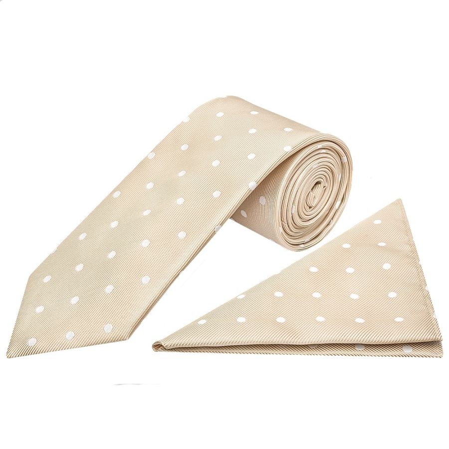 Champagne Large White Spot Classic Men's Tie and Pocket Square Set