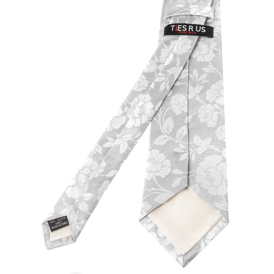 Silver with White Floral Silk Classic Tie 