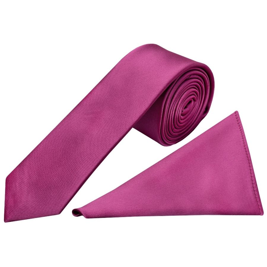 Fuchsia Pink Satin Skinny Boys Tie and Pocket Square Set