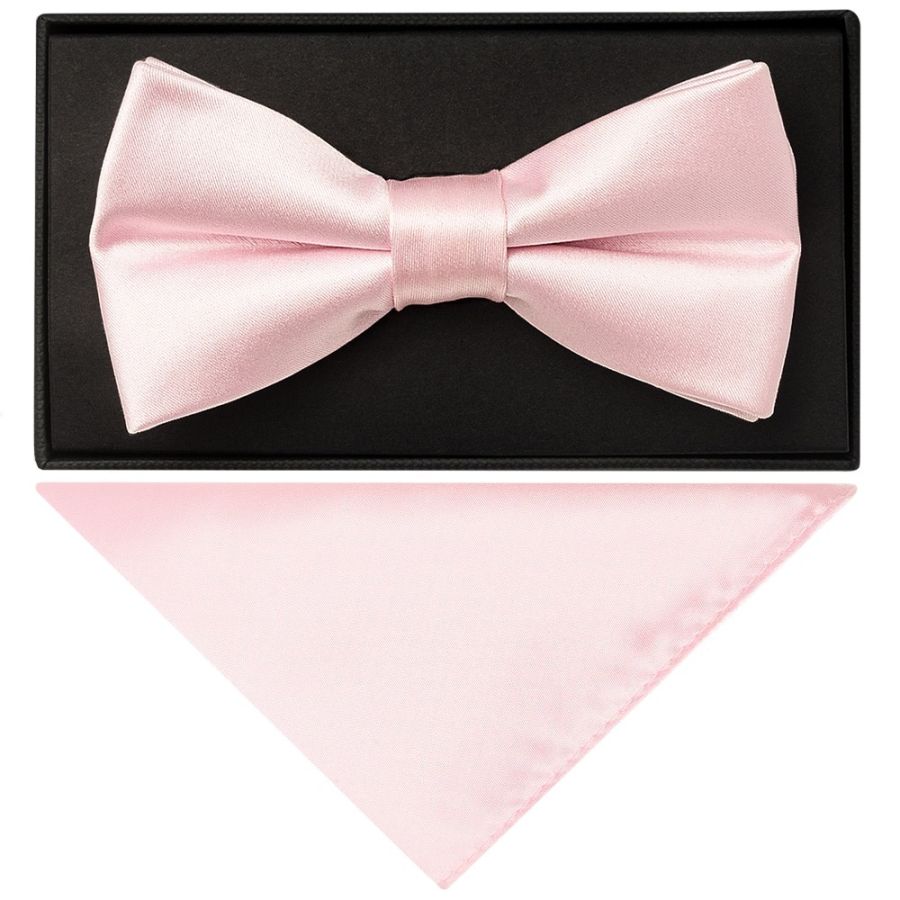 Plain Baby Pink Satin Mens Bow Tie and Pocket Square Set