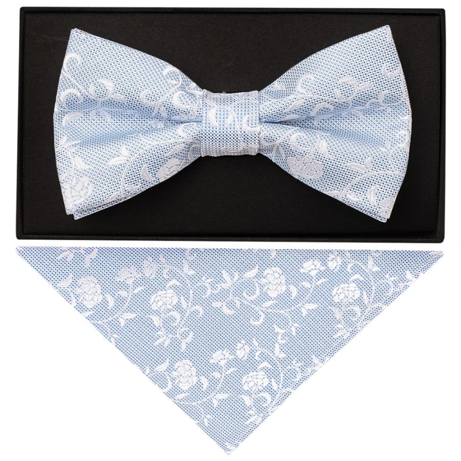 Sky Blue and White Floral Handmade Mens Bow Tie and Pocket Square Set