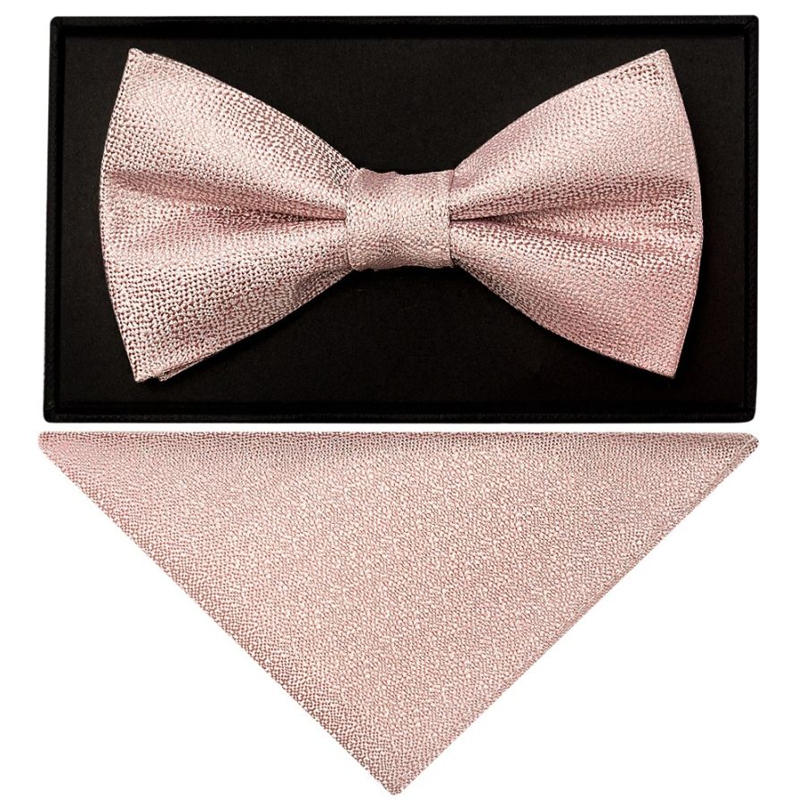 Plain Rose Gold Textured Silk Mens Bow Tie and Pocket Square Set