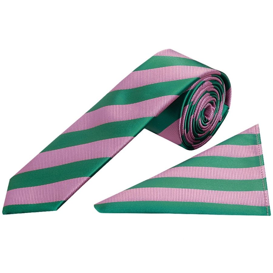 Pink and Green Striped Skinny Men's Tie and Pocket Square Set