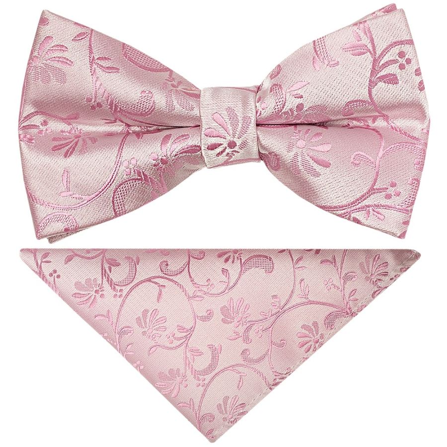 Pre Tied Dusty Pink Floral Boys Bow Tie and Pocket Square Set