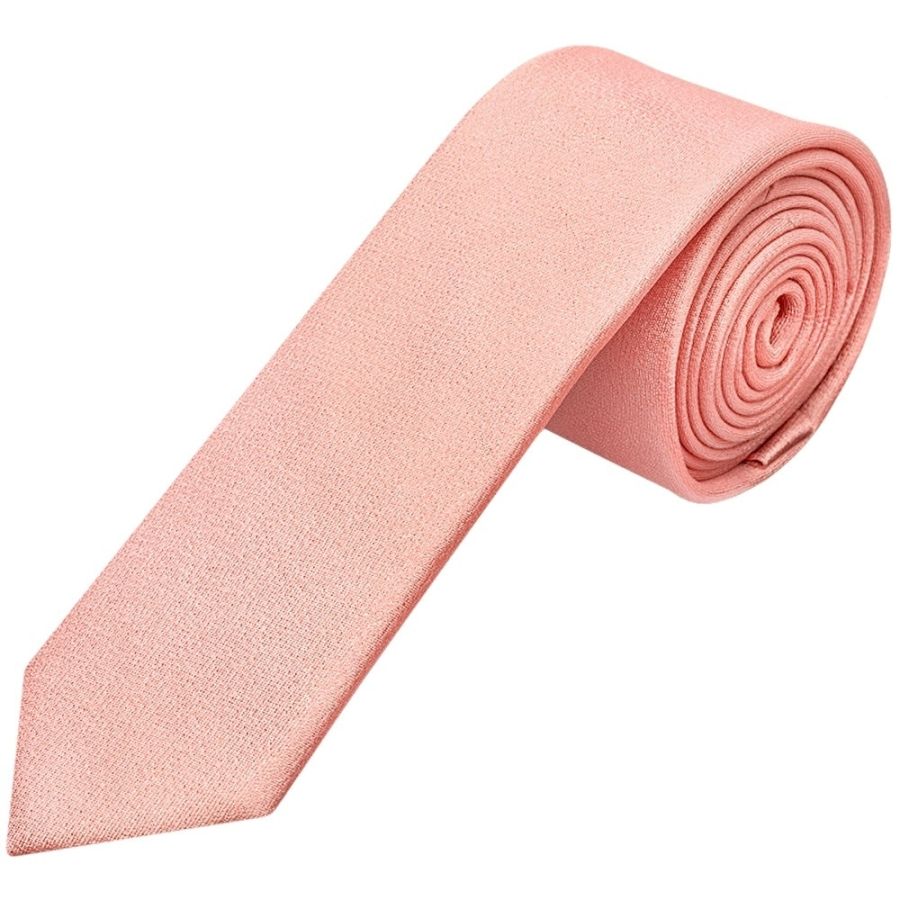 Plain Salmon Peach Silk Skinny Boys Tie and Pocket Square Set