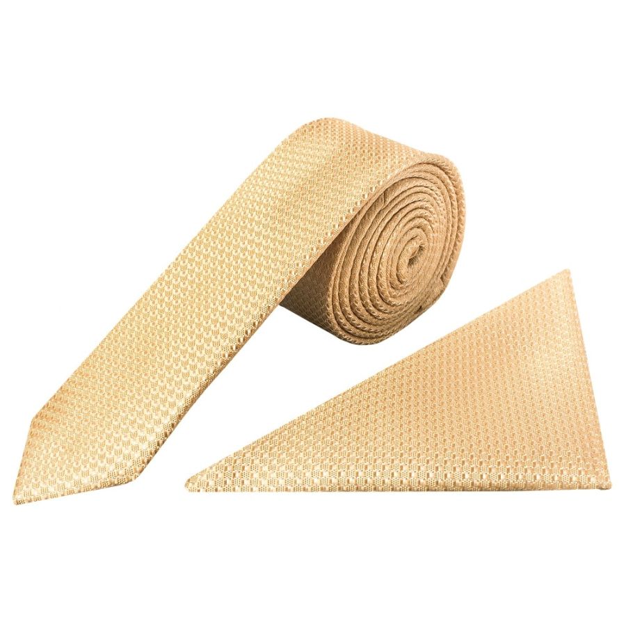 Gold Textured Skinny Tie and Pocket Square Set