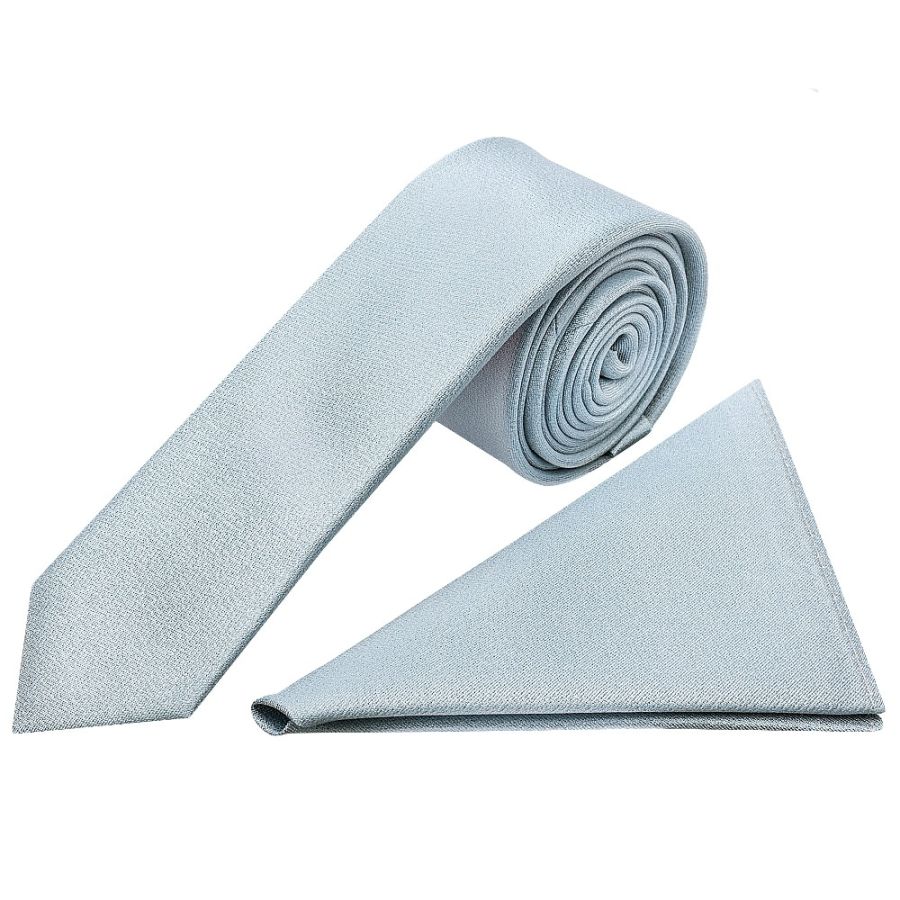 Plain Steel Blue Silk Skinny Boys Tie and Pocket Square Set