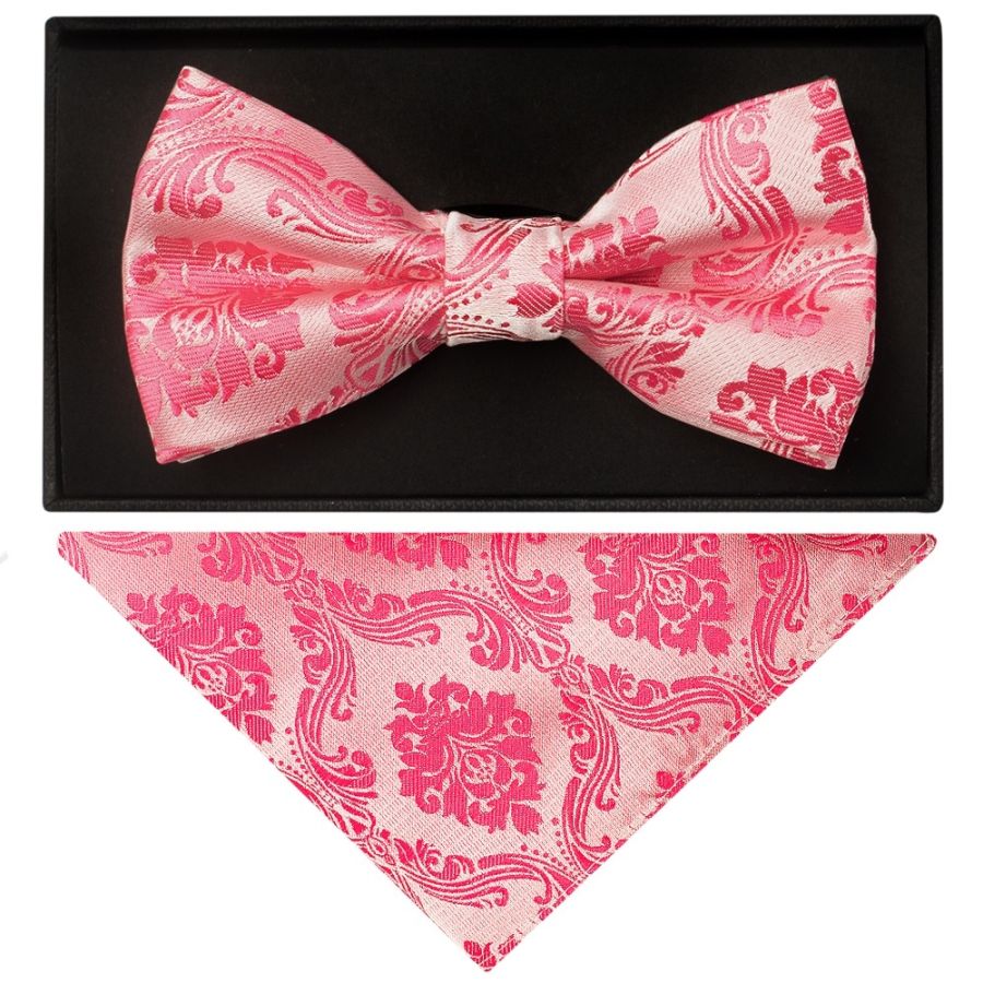 Light Coral Paisley Handmade Mens Bow Tie and Pocket Square Set