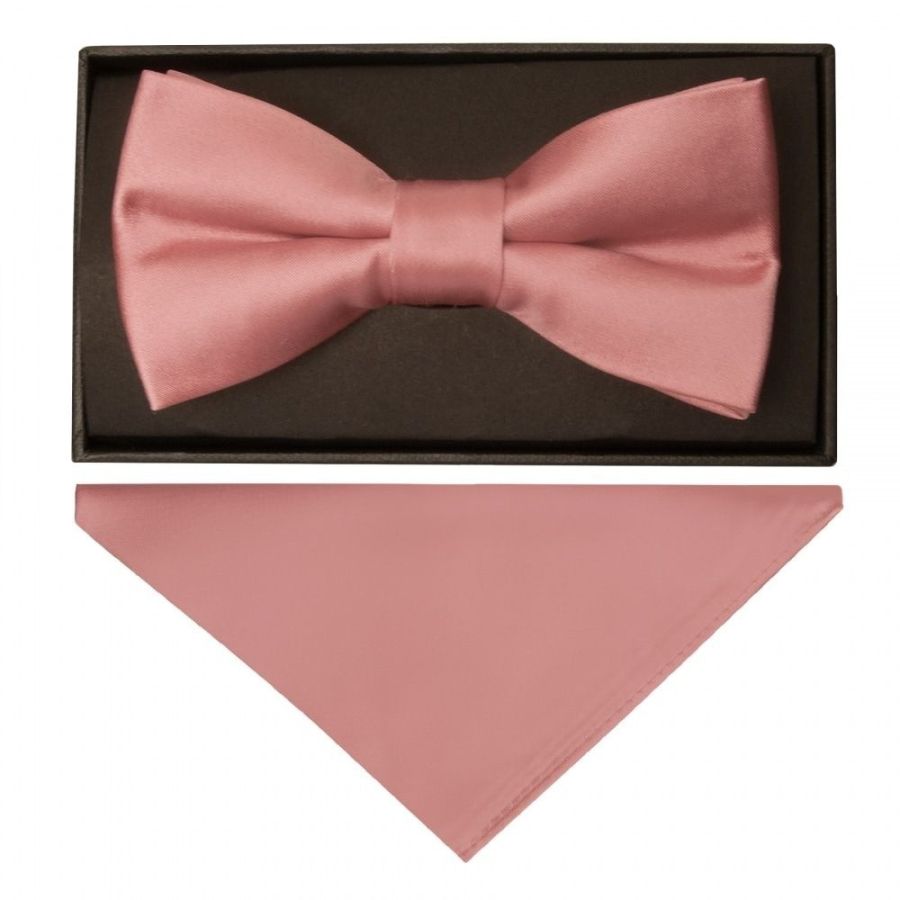 Plain Rose Gold Handmade Mens Bow Tie and Pocket Square Set