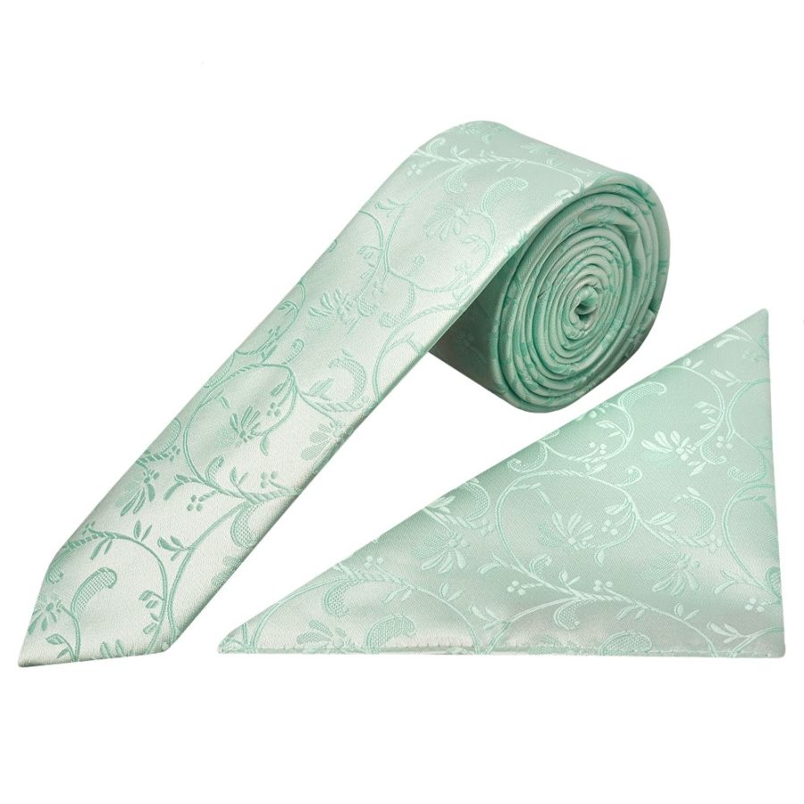 Mint Green Floral Skinny Boys Tie and Pocket Square Set