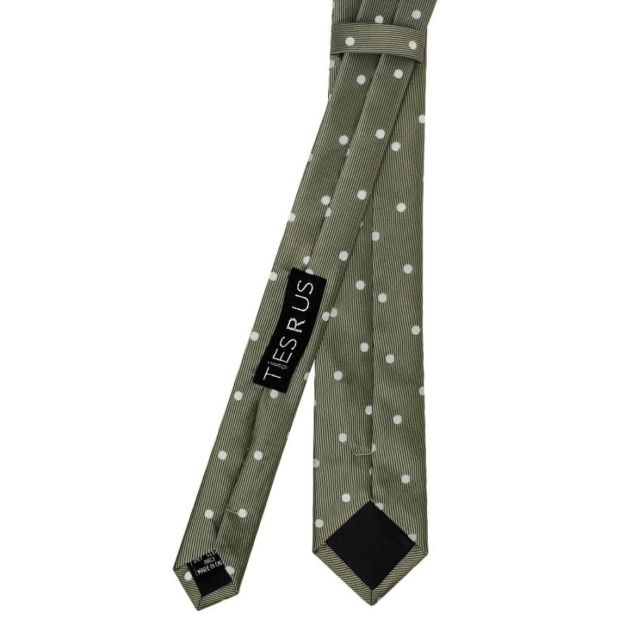 Olive Large White Spot Skinny Men's Tie and Pocket Square Set
