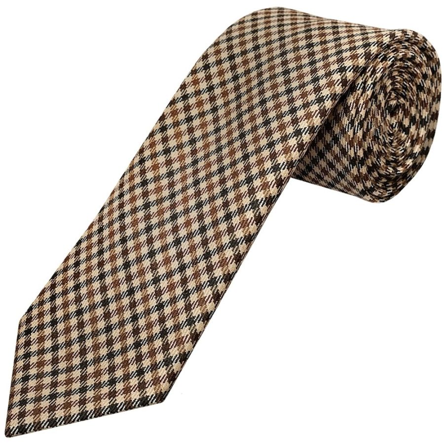 Mens Brown Gingham Classic Tie and Pocket Square Set