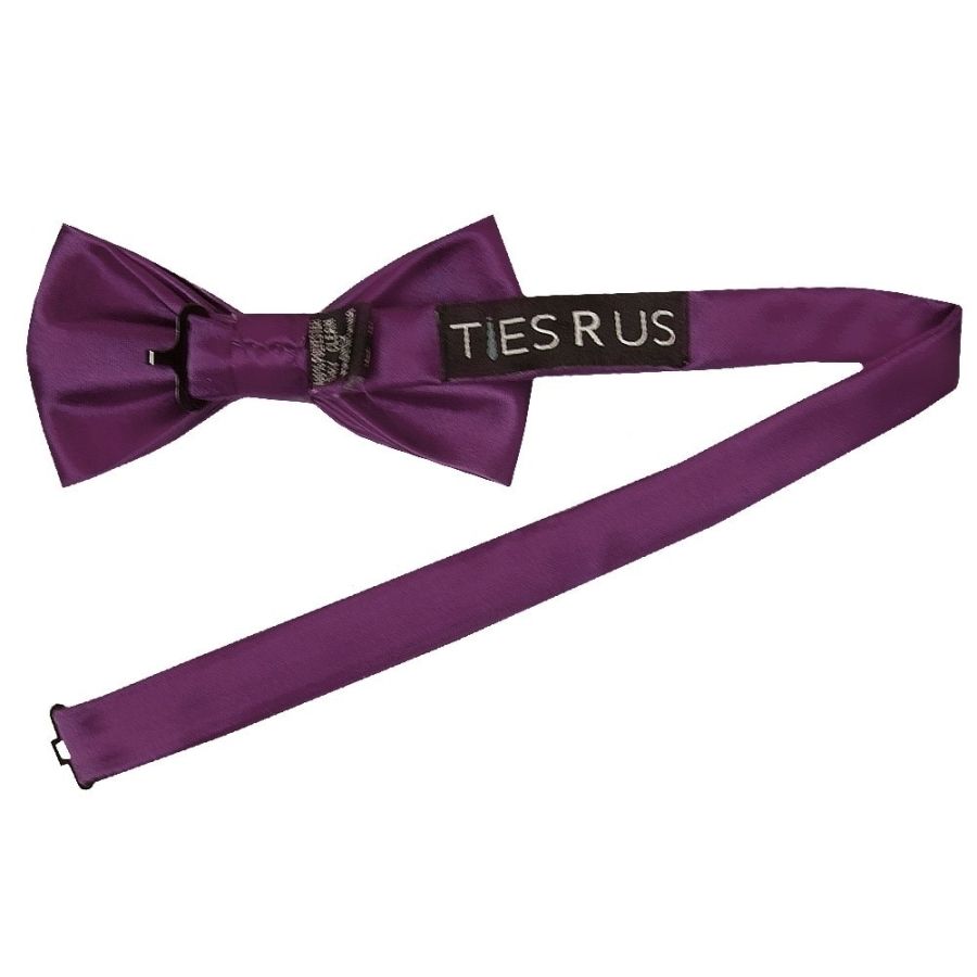 Pre Tied Plum Satin Boys Bow Tie and Pocket Square Set - Age 4-7