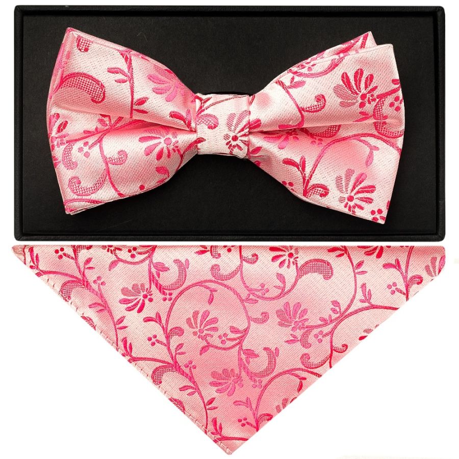 Light Coral Floral Handmade Mens Bow Tie and Pocket Square Set